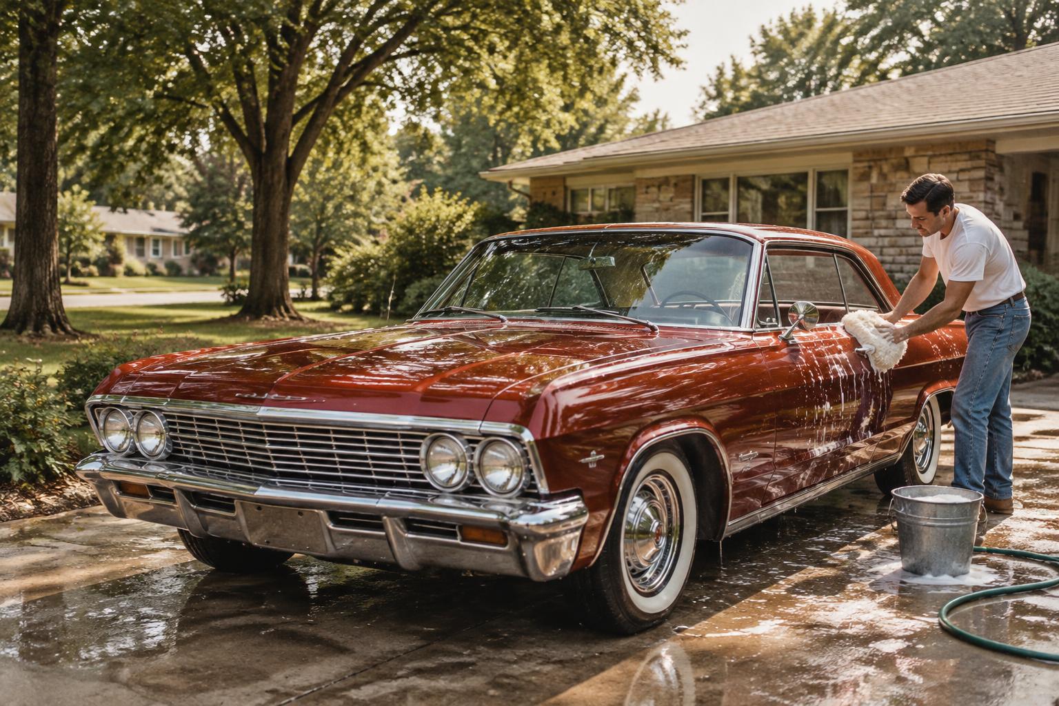 A cherry-red classic car being washed on a sunny American driveway