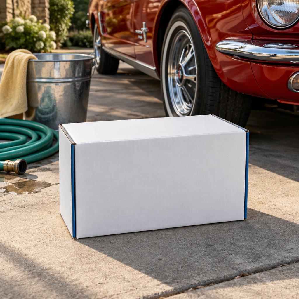 Car wash subscription box beside a classic car, bucket, and garden hose; illustrative photograph